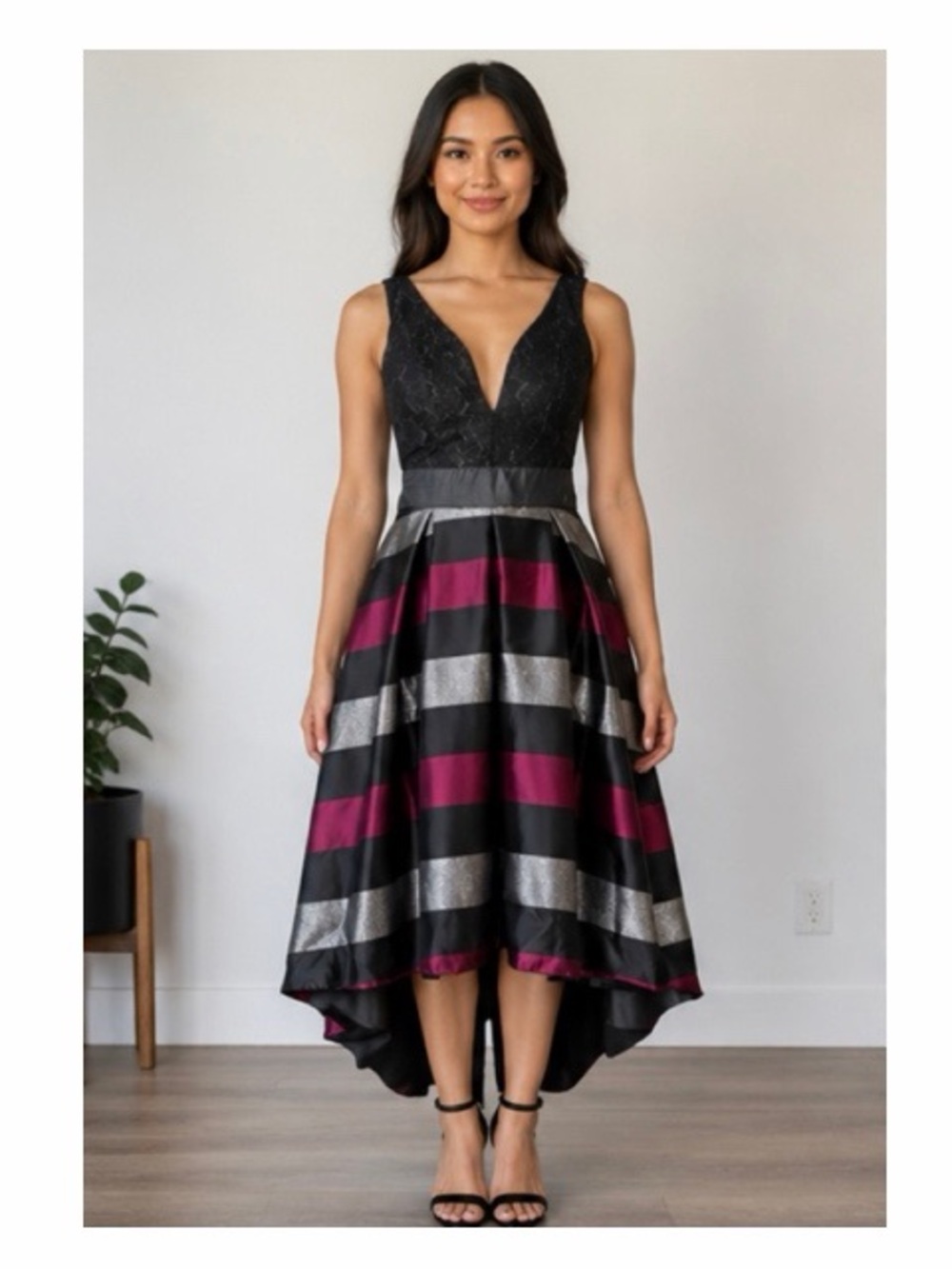 Venus Metallic Lace Striped High Low Cocktail Dress NWT